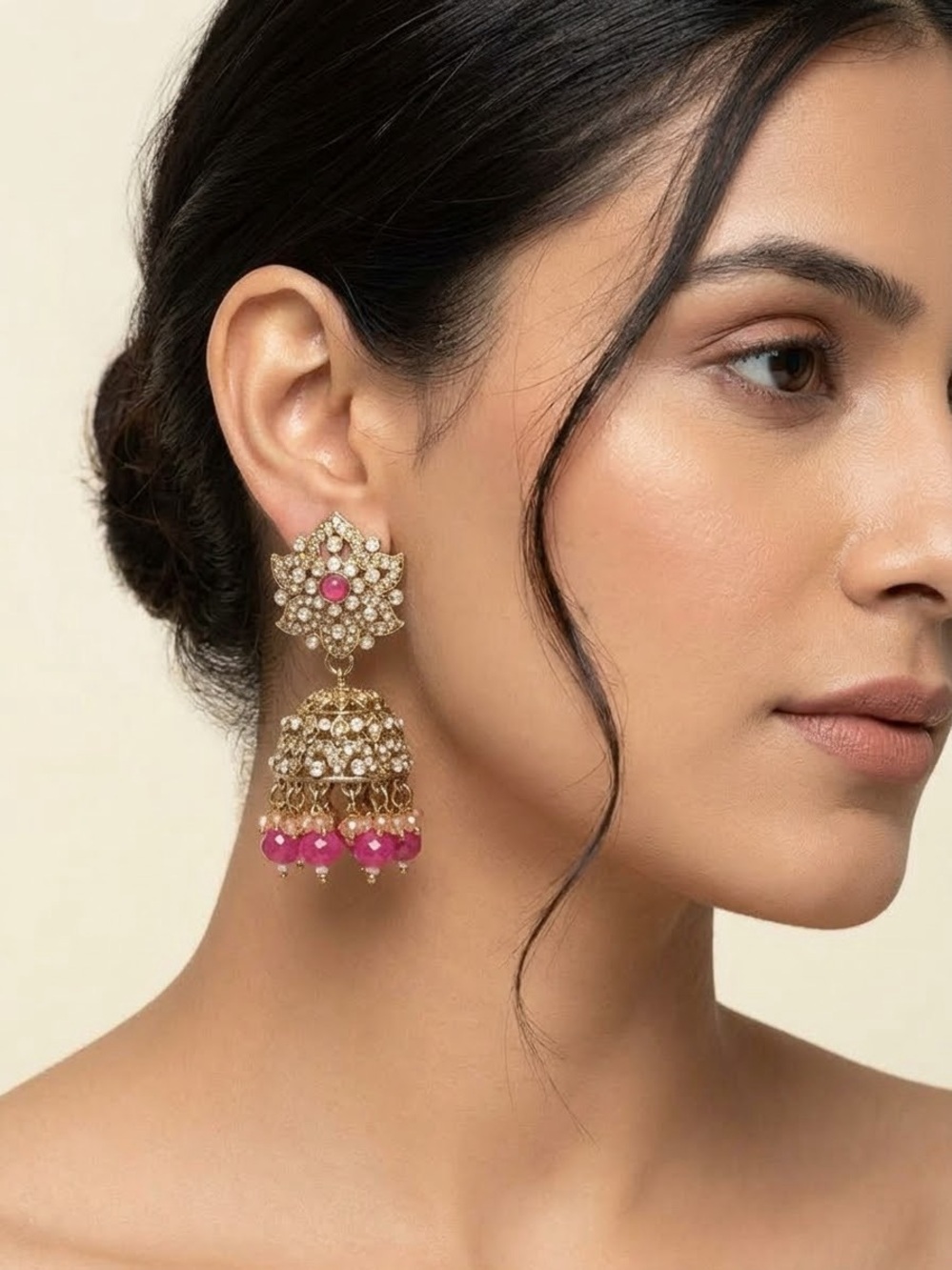 Gold and Pink Jhumka Earrings with Crystal Detailing